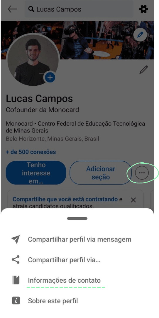 Haz clic en Información de contacto en el perfil de Linkedin