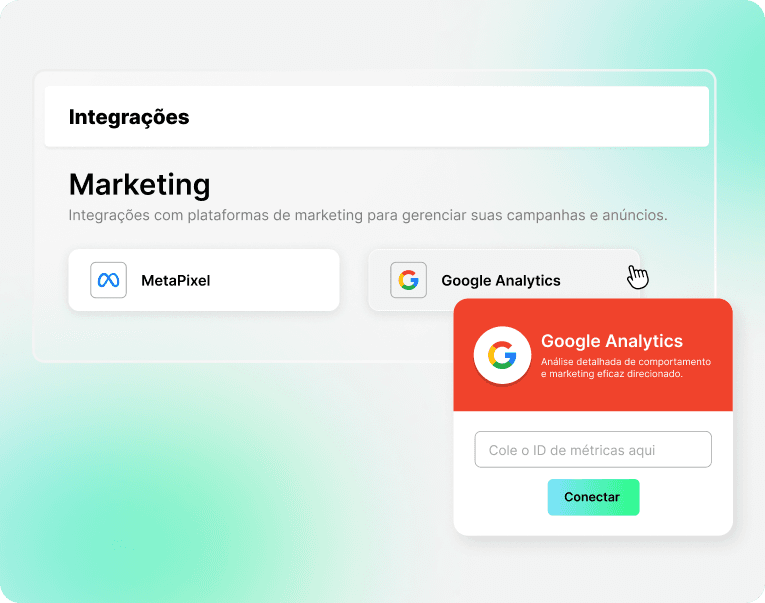 Interfaz de integraciones de marketing con opciones de MetaPixel y Google Analytics. Un pop-up rojo destaca Google Analytics, con texto "Análisis detallado de comportamiento y marketing eficaz dirigido". Hay un campo para pegar el ID de métricas y un botón verde "Conectar".