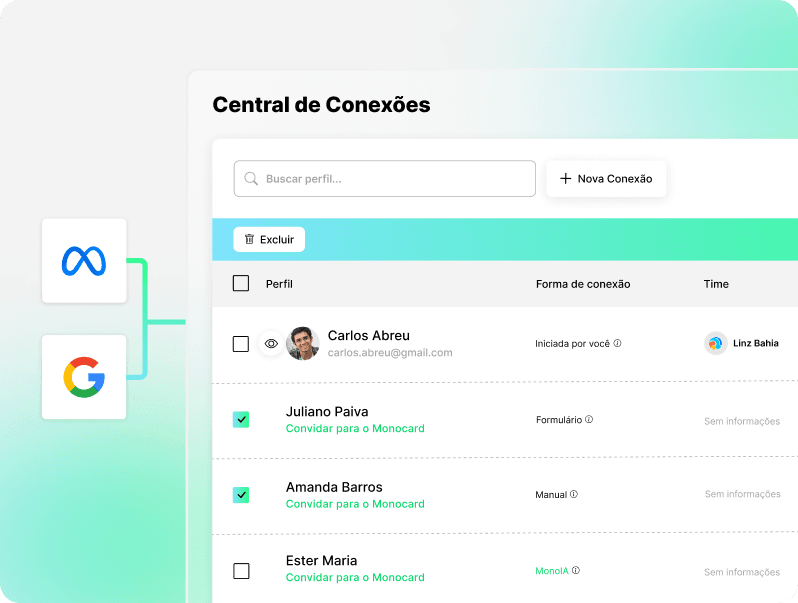 Una captura de pantalla de la interfaz de la "Central de Conexiones", mostrando una herramienta de gestión de contactos integrada con los servicios de xAI y Google. La interfaz incluye una barra de búsqueda, opciones para añadir nueva conexión y exportar datos, y una lista de contactos con detalles como nombre (ej.: Carlos Abreu, Juliana Paiva, Amanda Barros, Ester Maria), forma de conexión (ej.: Iniciada por voz, Formulario, Manual), tiempo, fecha (ej.: 04/12/2025, 16:00h), y acciones como editar o eliminar. Íconos de las marcas xAI y Google están visibles en la parte superior, conectados por líneas, indicando integración. La interfaz es clara, con diseño minimalista y funcionalidad destacada.